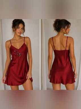 Inner Most Burgundy Satin Embroidered Floral Slip Dress L Nightgown Vintage Y2K